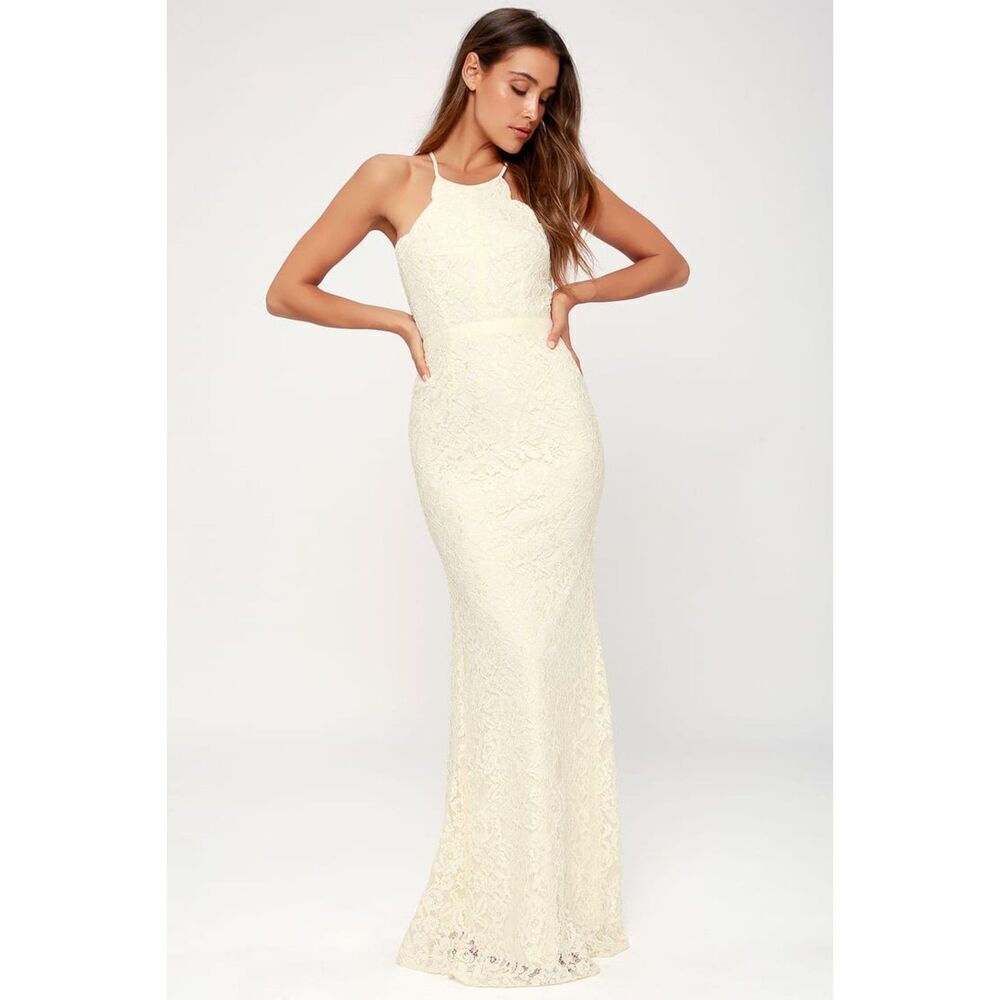 NWT LULUS Zenith Ivory Cream Scalloped Lace Mermaid Maxi Wedding Dress Small